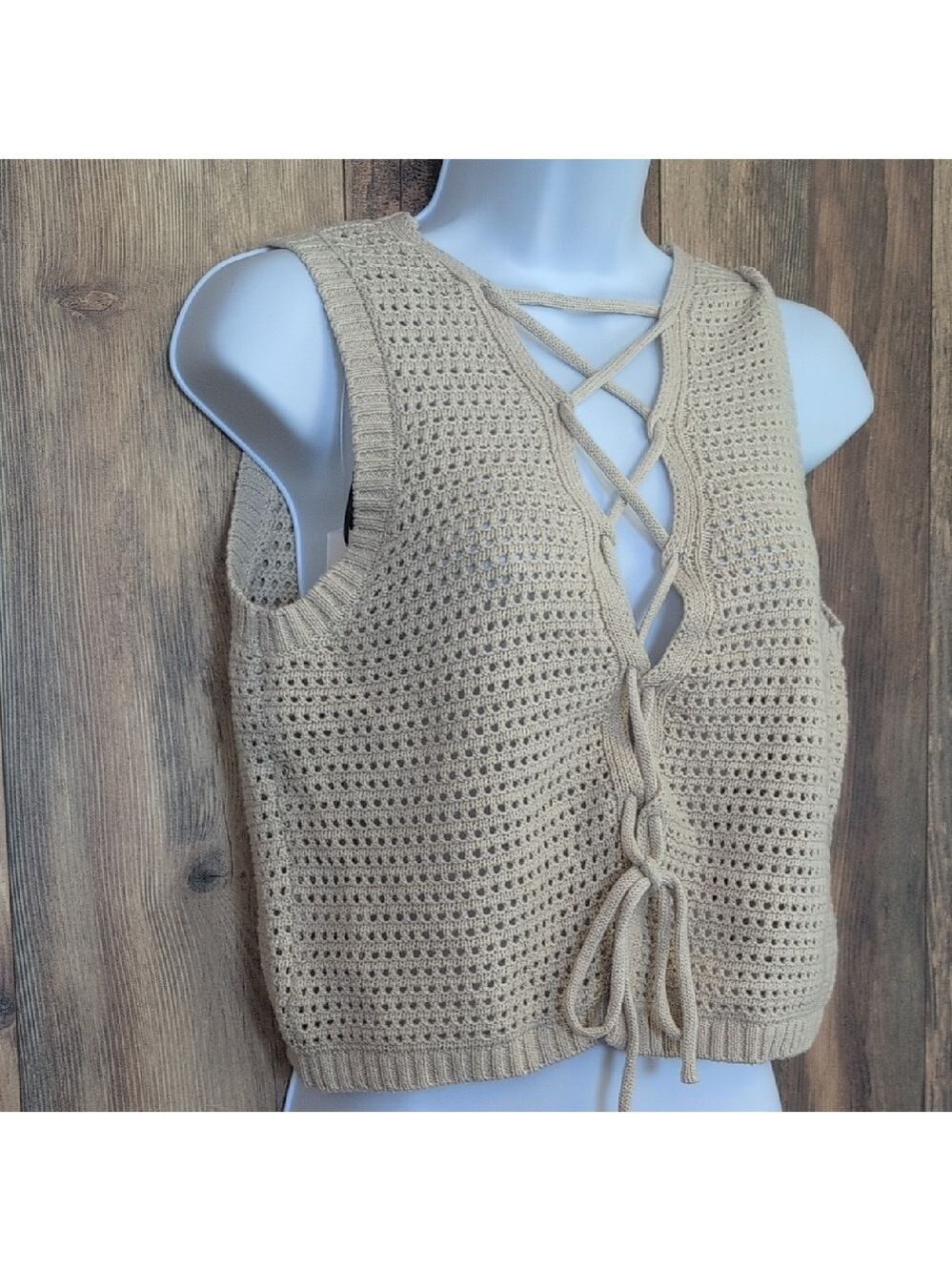 Pink Rose Tan Crochet Lace-Up Tank Top L                              E111